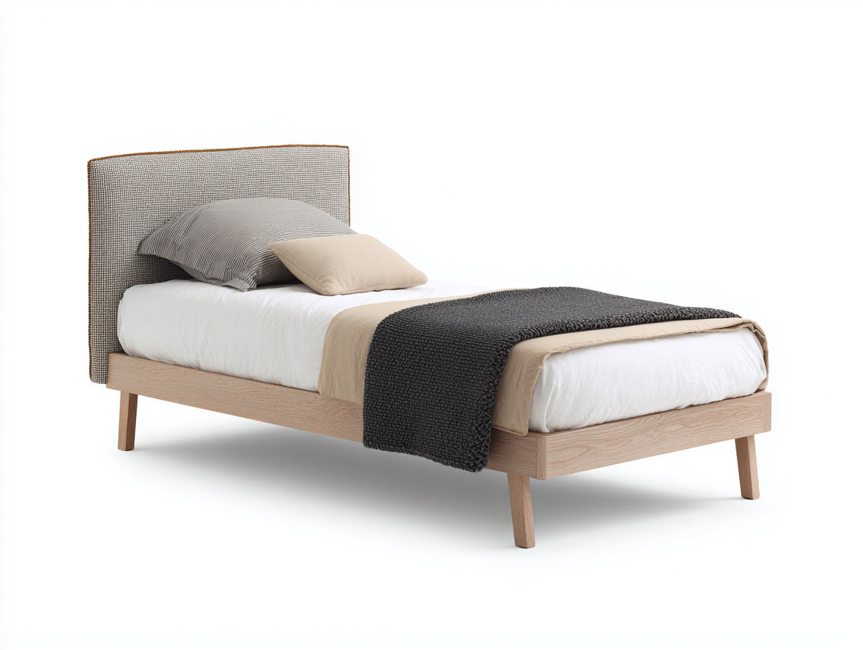 Letto singolo - Legno Tessuto - 210 x 110 x 105 cm - Rovere chiaro-Grigio-Beige - Design moderno