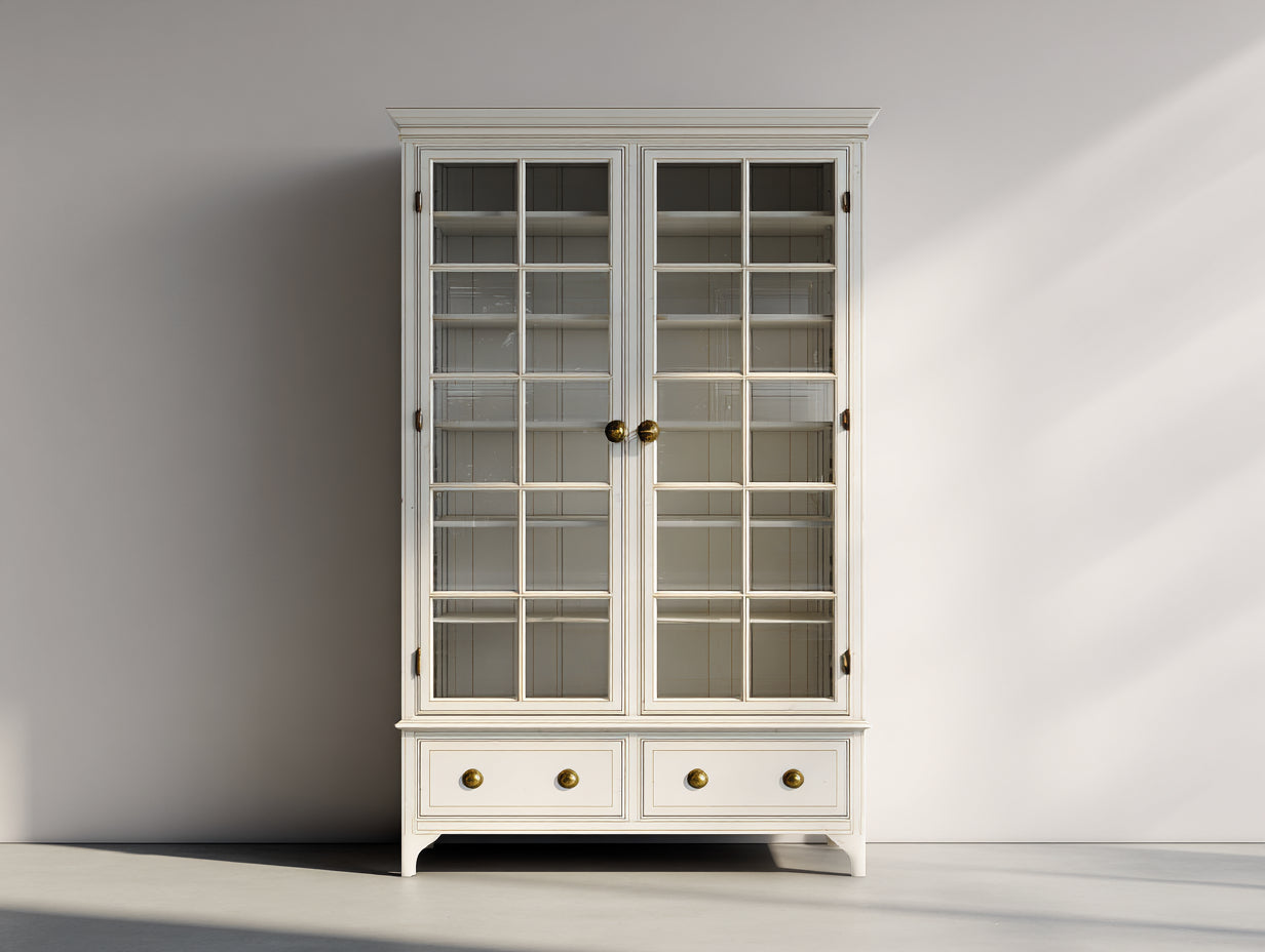 Librerie - Legno lavorato-Vetro-Metallo - 106 x 44 x 195 cm - Bianco crema-Oro - Stile classico