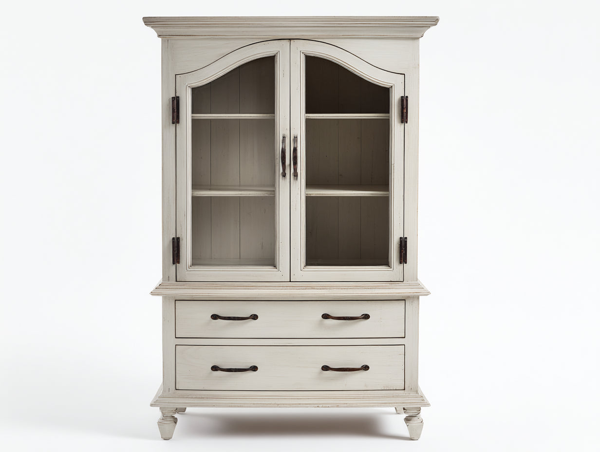 Librerie - Legno lavorato-Vetro-Metallo - 115 x 45 x 190 cm - Bianco crema - Stile provenzale