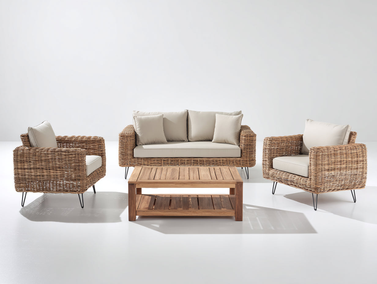 Divani da esterno-Rattan-Tessuto-Legno-Metallo-180x75x75 cm-Beige-Marrone-Stile naturale moderno