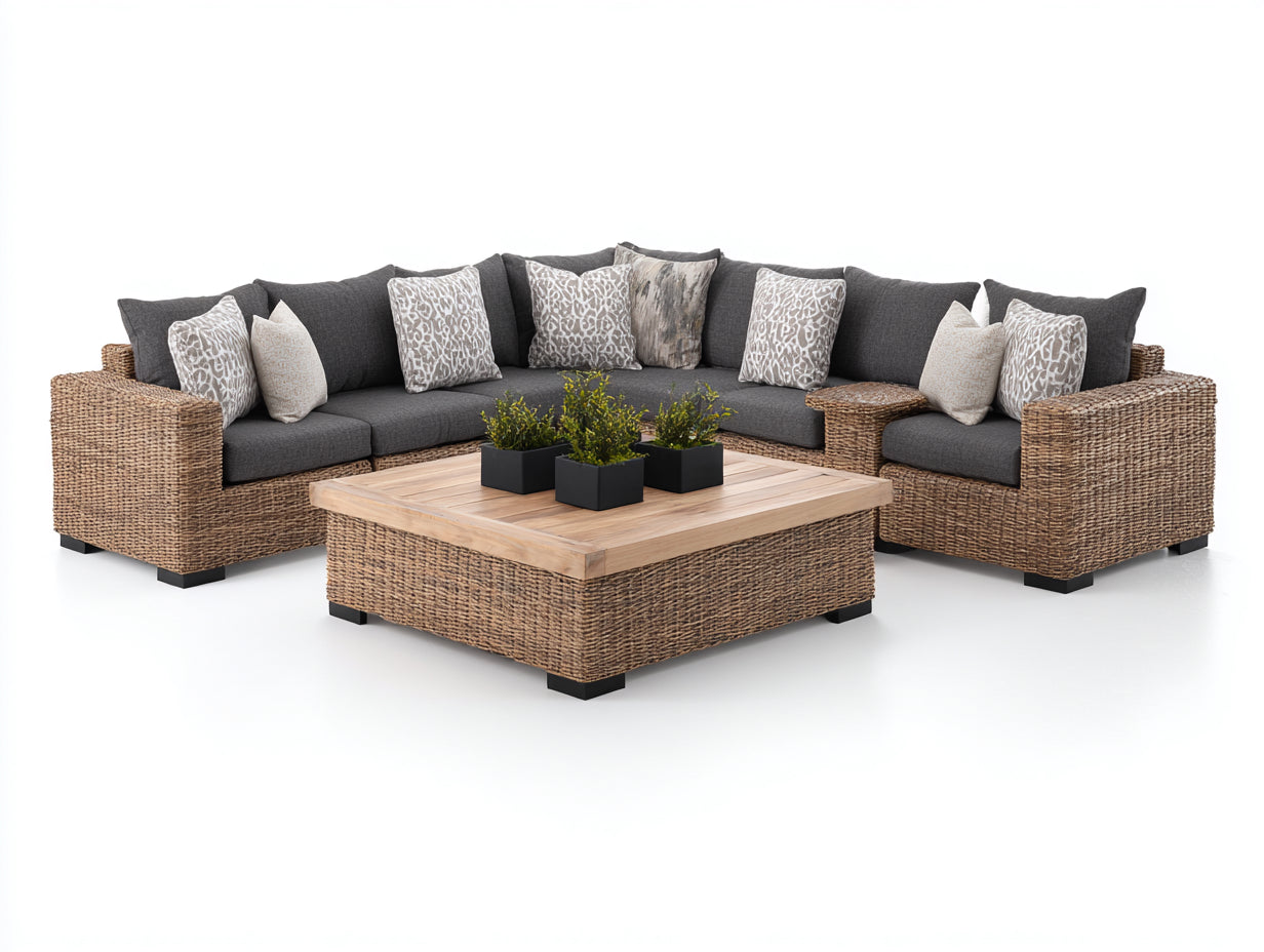 Divani da esterno-Rattan-Tessuto-Legno-Metallo-260x260x75 cm-Grigio-Marrone-Stile naturale moderno