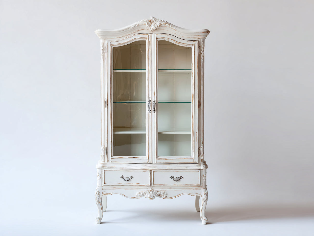Librerie - Legno lavorato-Vetro-Metallo - 105 x 45 x 190 cm - Bianco crema-Marrone chiaro - Stile barocco