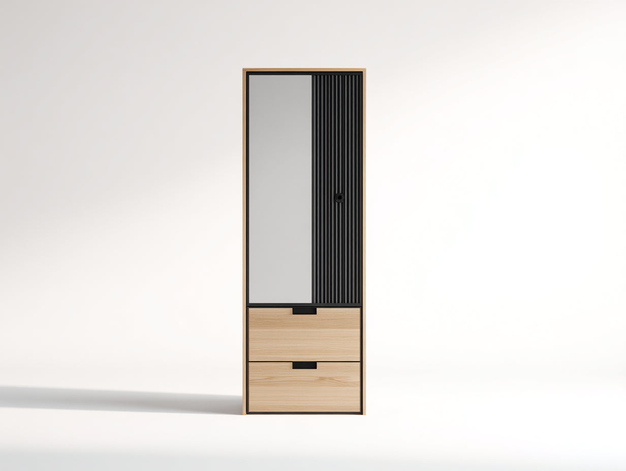 Armadio - Legno ingegnerizzato - Vetro - Metallo - 68x45x192 cm - Rovere chiaro-Nero - Stile moderno