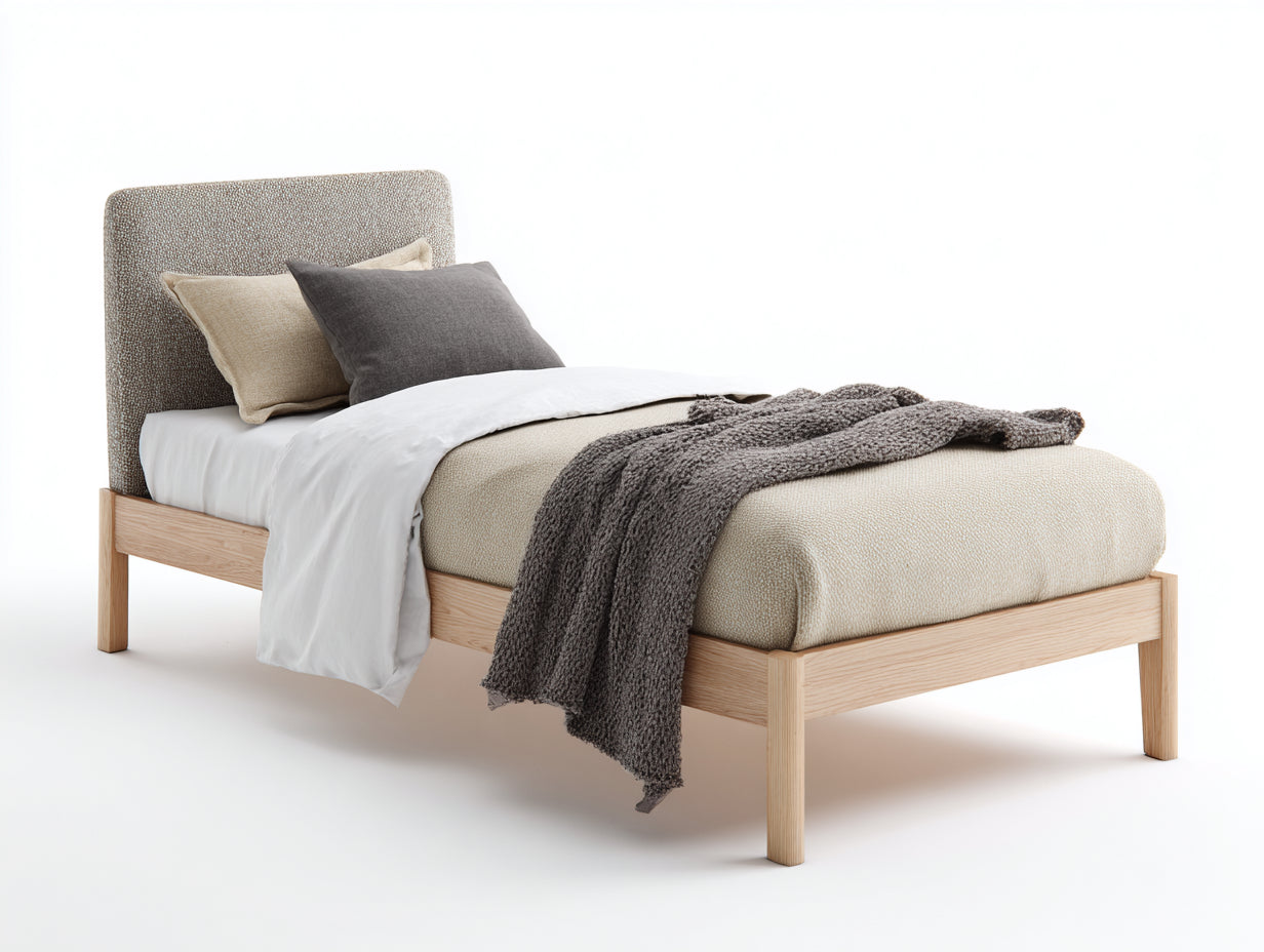 Letto singolo - Legno Tessuto - 210 x 110 x 105 cm - Rovere chiaro-Beige-Grigio - Design moderno