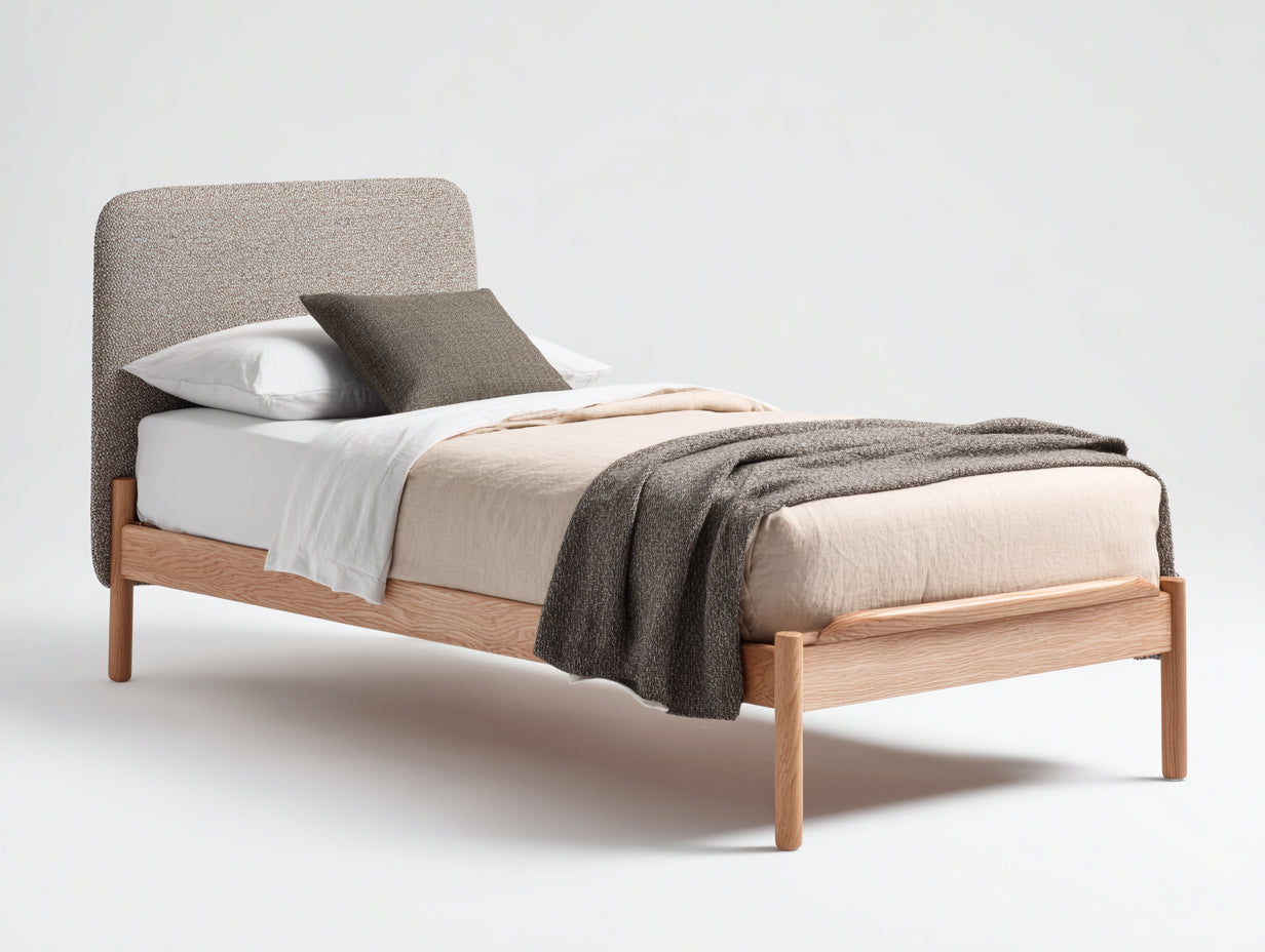 Letto singolo - Legno Tessuto - 210 x 110 x 105 cm - Rovere chiaro-Beige-Grigio - Design moderno