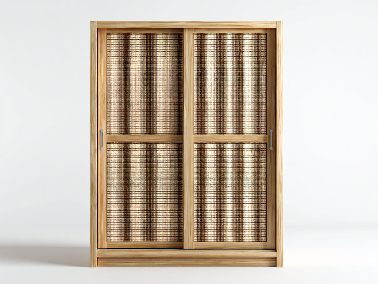 Armadio - Legno ingegnerizzato - Rattan - Metallo - 150x62x198 cm - Rovere naturale - Stile Japandi