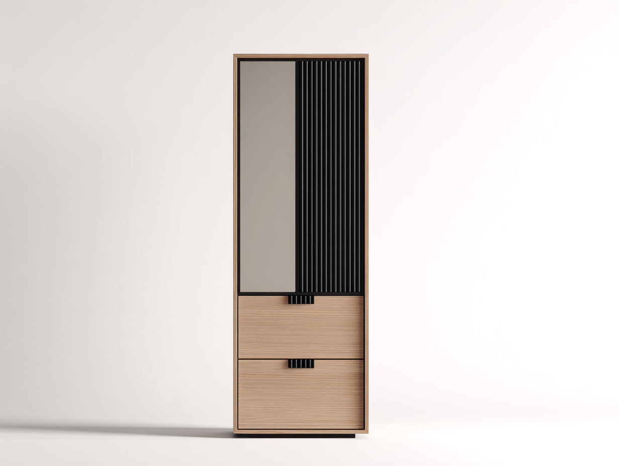 Armadio - Legno ingegnerizzato - Vetro - Metallo - 64x42x190 cm - Rovere chiaro-Nero - Stile contemporaneo