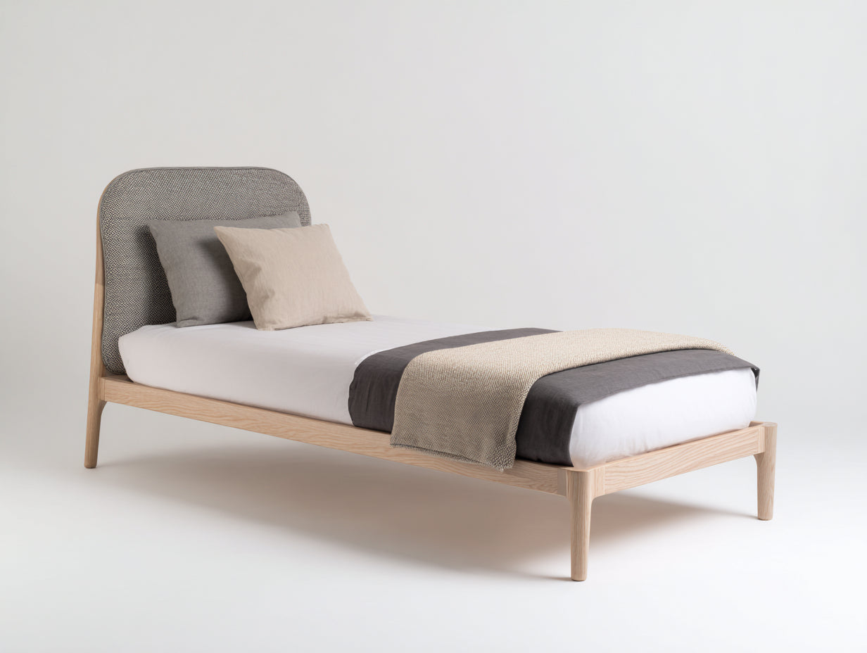Letto singolo - Legno Tessuto - 210 x 110 x 105 cm - Rovere chiaro-Grigio-Beige - Design moderno