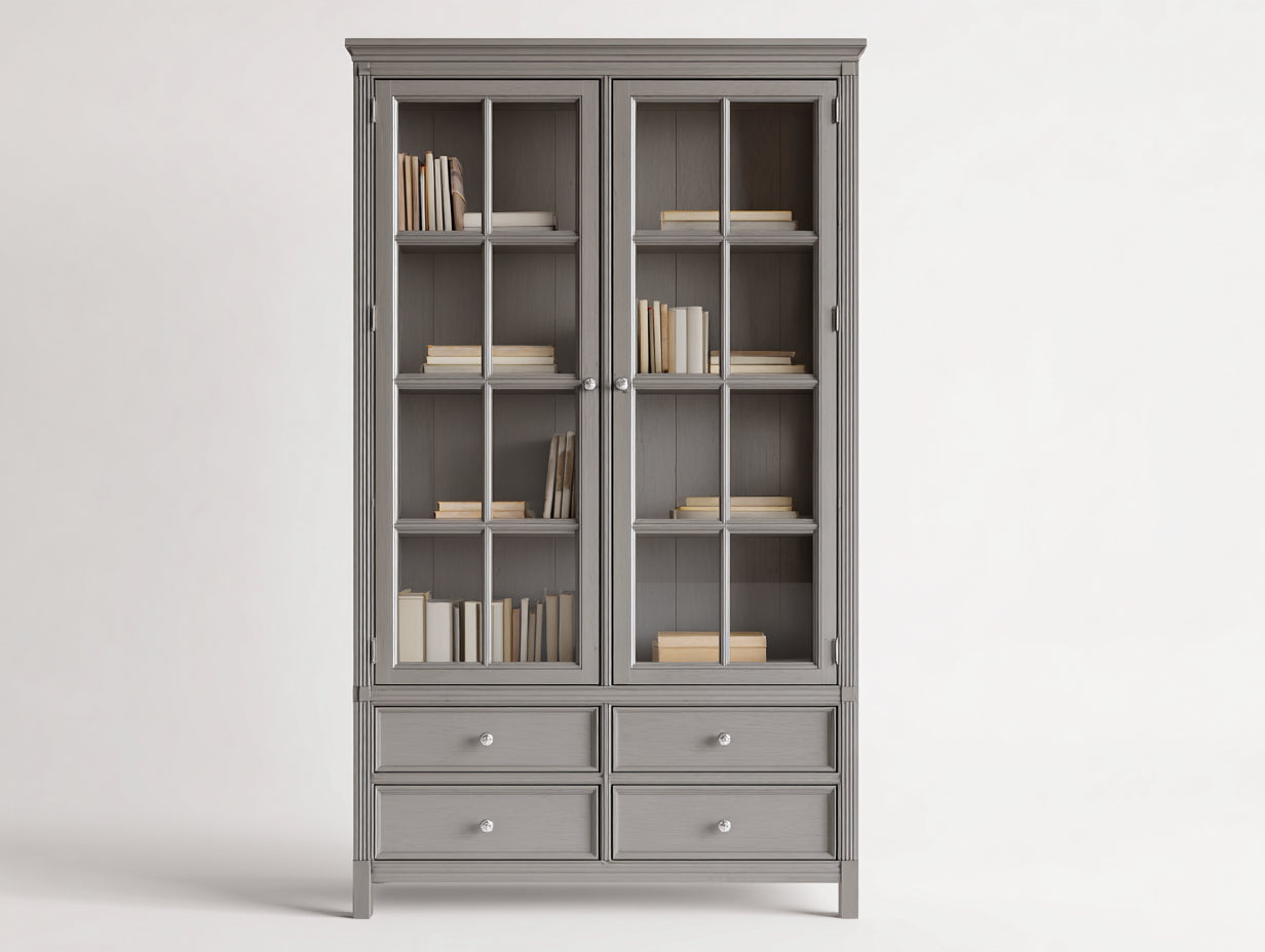Librerie - Legno lavorato-Vetro-Metallo - 108 x 44 x 192 cm - Grigio tortora - Stile classico