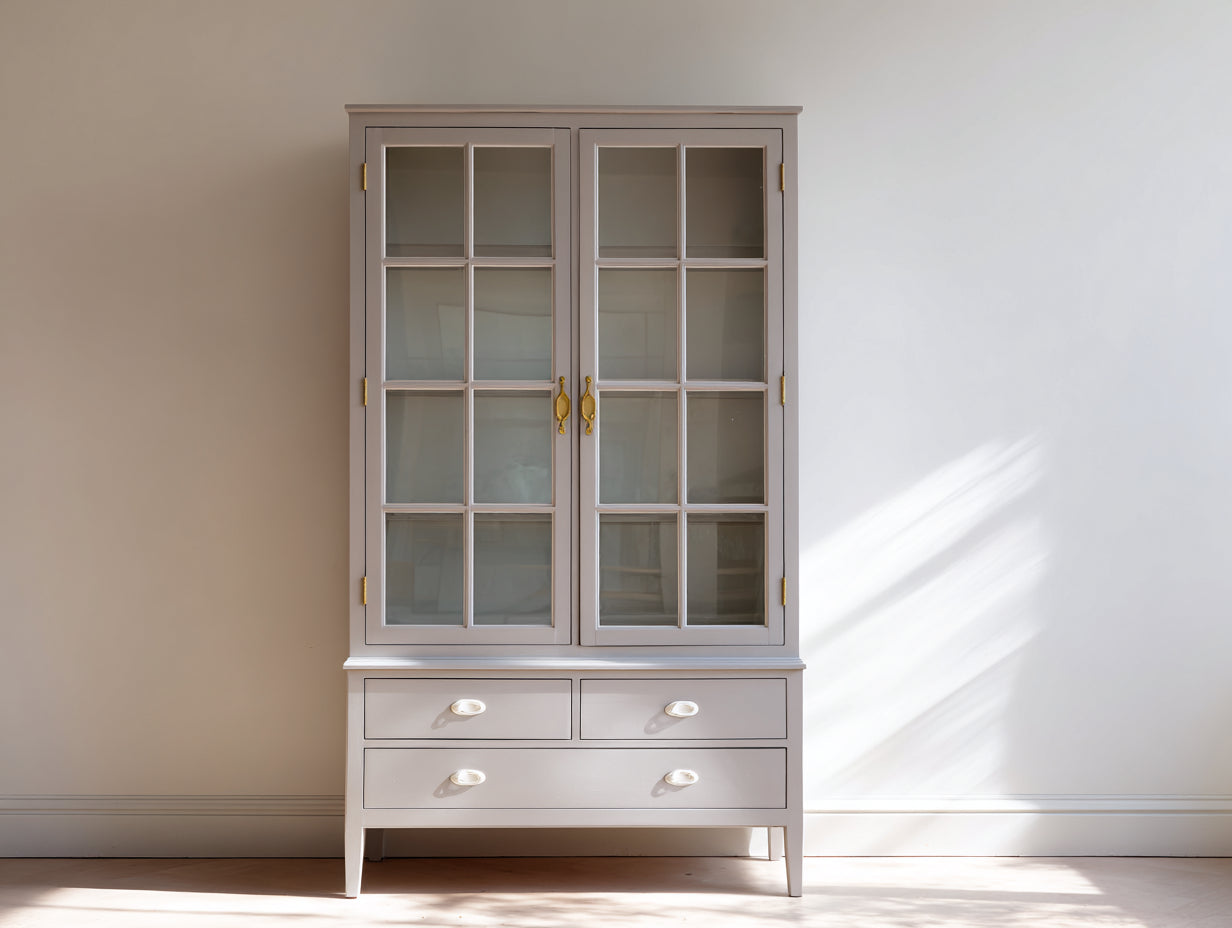 Librerie - Legno lavorato-Vetro-Metallo - 104 x 44 x 190 cm - Grigio tortora-Oro - Stile classico