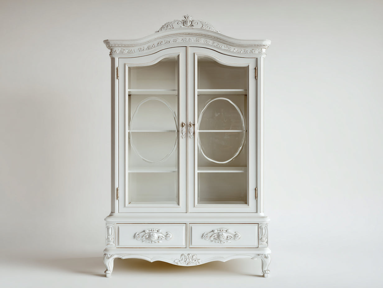 Librerie - Legno lavorato-Vetro-Metallo - 118 x 46 x 198 cm - Bianco avorio - Stile barocco