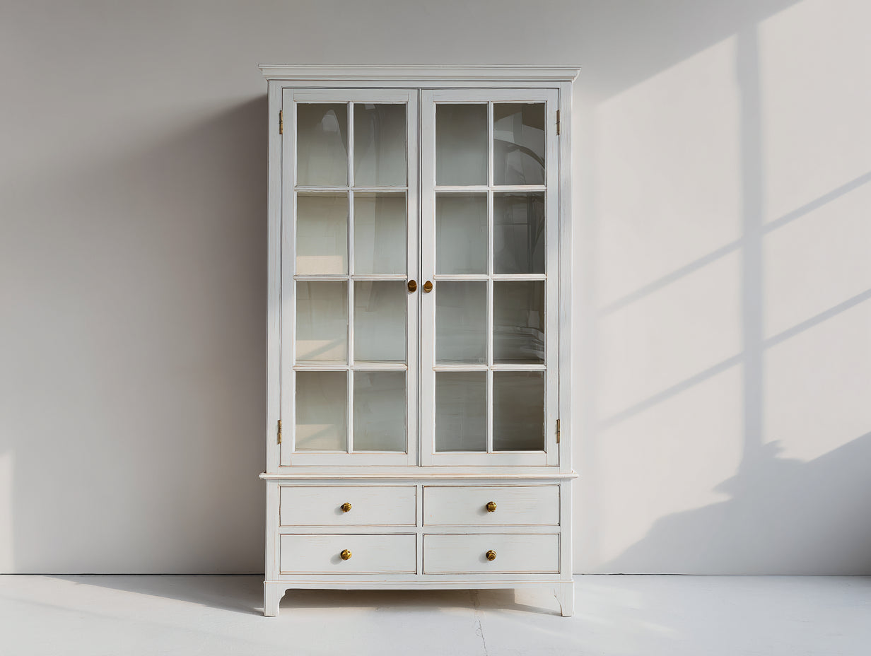 Librerie - Legno lavorato-Vetro-Metallo - 102 x 43 x 188 cm - Bianco avorio - Stile classico