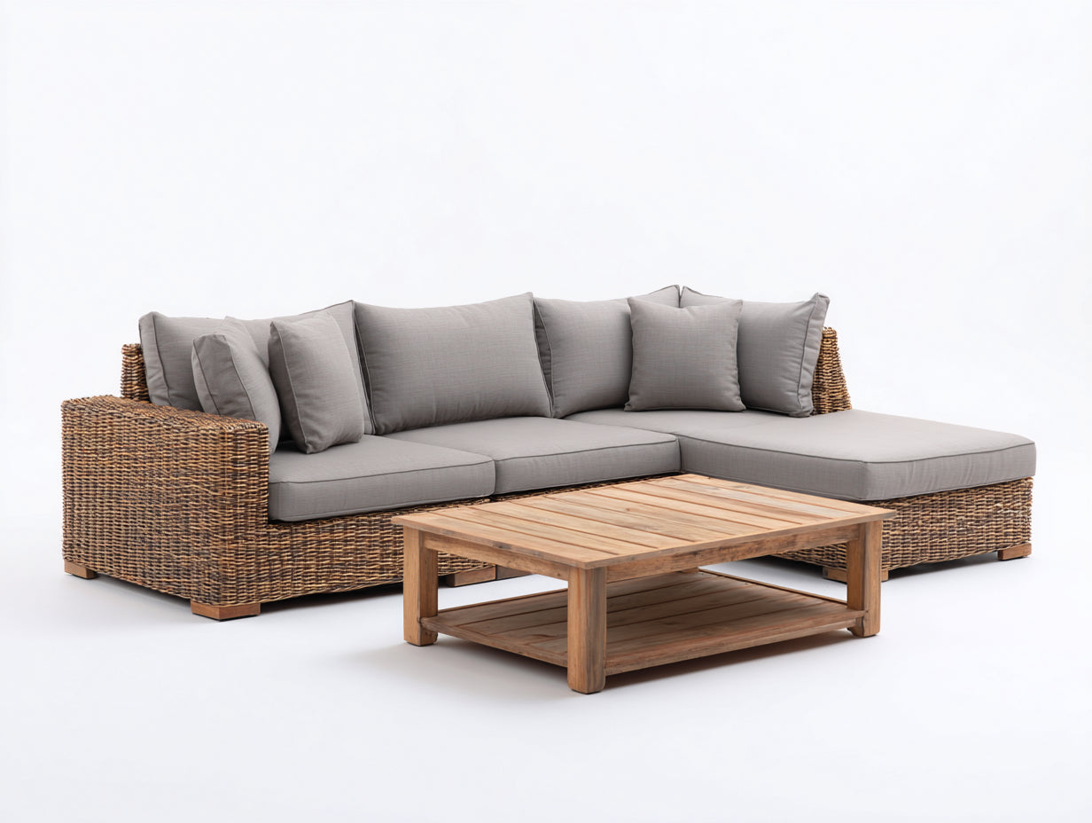 Divani da esterno-Rattan-Tessuto-Legno-240x180x75 cm-Grigio-Marrone-Stile naturale moderno