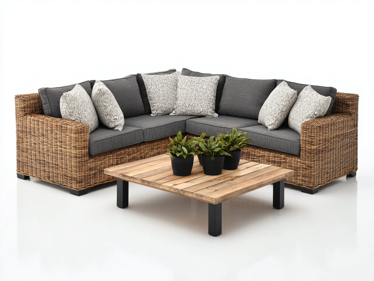 Divani da esterno-Rattan-Tessuto-Legno-Metallo-220x220x75 cm-Grigio-Marrone-Stile naturale moderno
