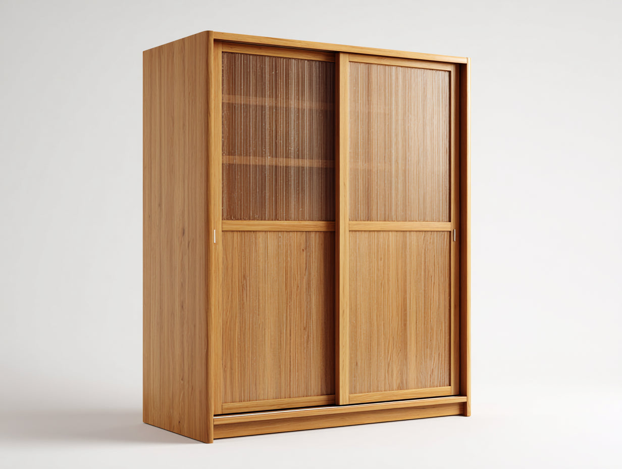 Armadio - Legno ingegnerizzato-Rattan-Vetro-Metallo - 148x58x190 cm - Rovere naturale - Stile Japandi